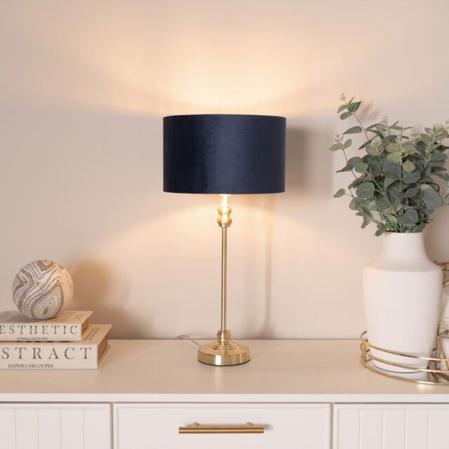 ValueLights Maggie Gold Candlestick Table Lamp with Velvet Drum with Gold Inner Lamp Shade in Dark Navy - image 1
