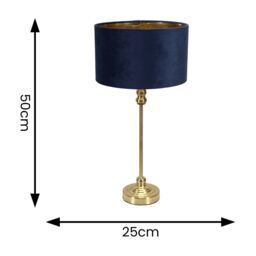 ValueLights Maggie Gold Candlestick Table Lamp with Velvet Drum with Gold Inner Lamp Shade in Dark Navy - thumbnail 4