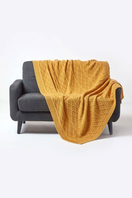 Homescapes Diamond Cable Knit Cotton Throw in Mustard - Size: 150 cm x 200 cm - image 1