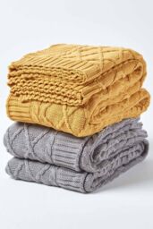 Homescapes Diamond Cable Knit Cotton Throw in Mustard - Size: 150 cm x 200 cm - thumbnail 5