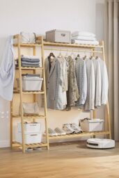 Living and Home Bamboo Bedroom Garment Clothes Rack 7 Tier Storage Shelf Coat Clothing Hanging Rack in Natural - thumbnail 2