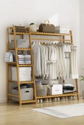 Living and Home Bamboo Bedroom Garment Clothes Rack 7 Tier Storage Shelf Coat Clothing Hanging Rack in Natural - thumbnail 1