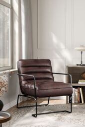 Living and Home Mid-Century PU Leather Striped Leisure Armchair with Metal Base in Brown - thumbnail 1
