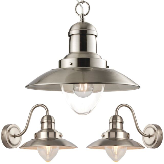 Loops Hanging Ceiling Pendant Lamp & 2x Matching Wall Light Industrial Satin Nickel in Metallics - image 1