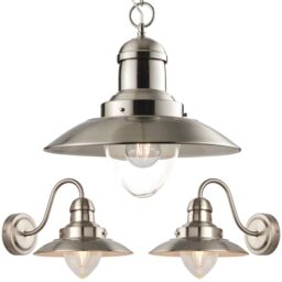 Loops Hanging Ceiling Pendant Lamp & 2x Matching Wall Light Industrial Satin Nickel in Metallics