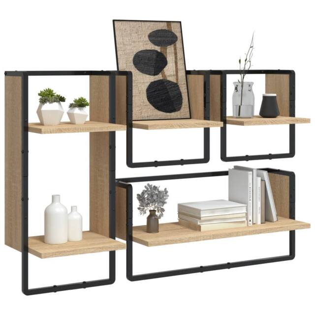 Berkfield Home Decorative 4 Piece Wall Shelf Set with Bars Sonoma Oak Engineered Wood in Light Brown - image 1