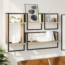Berkfield Home Decorative 4 Piece Wall Shelf Set with Bars Sonoma Oak Engineered Wood in Light Brown - thumbnail 2