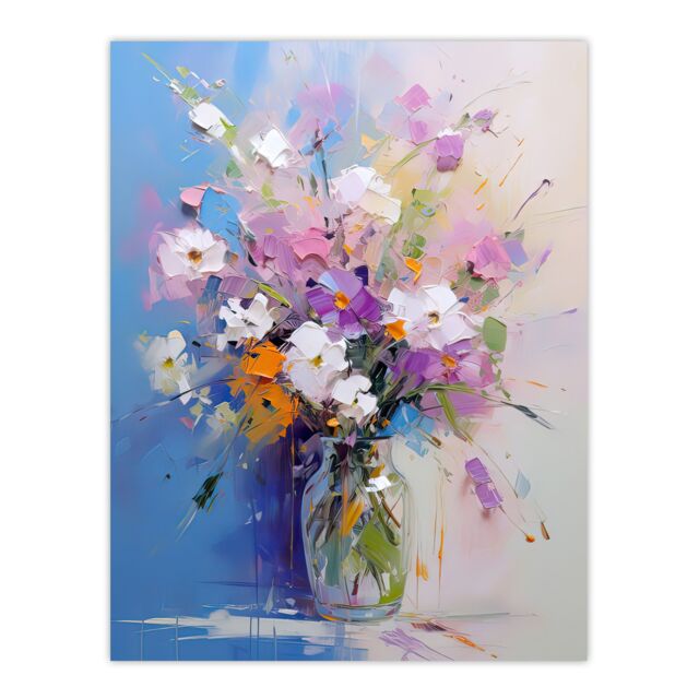 "Artery8 Wall Art Print Wildflower Bouquet in Glass Vase Oil Painting Pastel Poster in Blue - Size: W18"" x H24""" - image 1