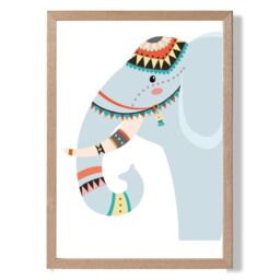 ARTZE Peeking Elephant Tribal Animal Framed Print SIZE: A4 with Oak Frame in Pale Blue - thumbnail 1