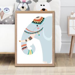 ARTZE Peeking Elephant Tribal Animal Framed Print SIZE: A4 with Oak Frame in Pale Blue - thumbnail 2