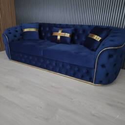 Stratus Interiors Ambassador 3-Seater Sofa Gold Trim Plush Velvet Fabric in Blue - thumbnail 1