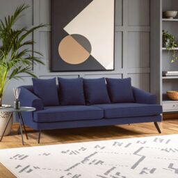 Orsina Comfortable 3 Seater Navy Fabric Sofa, Stylish Mid Century Sofa For Bedroom, Functional 3 Seater Sofa in Blue