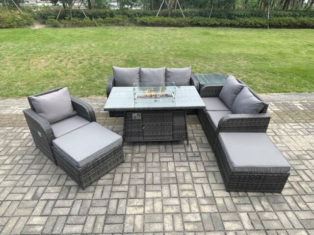 Fimous Garden Patio Furniture Wicker Rattan Gas Fire Pit Table & Sofa Chair set with Side Tables 2 Big Footstool in Dark Grey - image 1