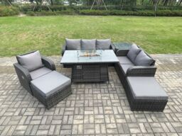 Fimous Garden Patio Furniture Wicker Rattan Gas Fire Pit Table & Sofa Chair set with Side Tables 2 Big Footstool in Dark Grey - thumbnail 1
