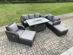 Fimous Garden Patio Furniture Wicker Rattan Gas Fire Pit Table & Sofa Chair set with Side Tables 2 Big Footstool in Dark Grey - thumbnail 3
