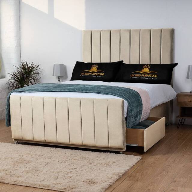 UK Bed Furniture Hampton Divan Bed with 2 Drawers Foot End & 26 Inch headboard in Cream - Size: Double - image 1