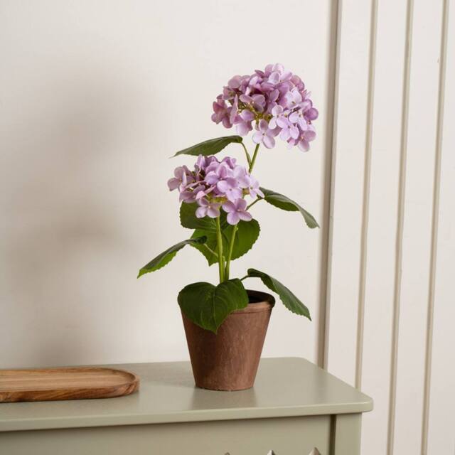 Scottish Everlastings Ltd 40cm Real Touch Lilac Hydrangea in Rustic Pot in Purple - image 1