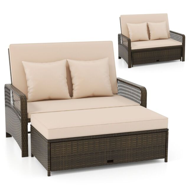 Gymax Patio Rattan Day Bed 2-Piece Wicker Loveseat Sofa With Storage Ottoman in Light Brown - image 1