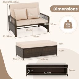 Gymax Patio Rattan Day Bed 2-Piece Wicker Loveseat Sofa With Storage Ottoman in Light Brown - thumbnail 2