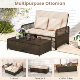 Gymax Patio Rattan Day Bed 2-Piece Wicker Loveseat Sofa With Storage Ottoman in Light Brown - thumbnail 7