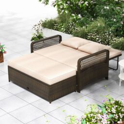 Gymax Patio Rattan Day Bed 2-Piece Wicker Loveseat Sofa With Storage Ottoman in Light Brown - thumbnail 9