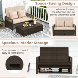 Gymax Patio Rattan Day Bed 2-Piece Wicker Loveseat Sofa With Storage Ottoman in Light Brown - thumbnail 5