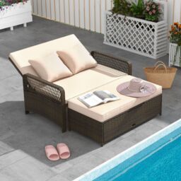 Gymax Patio Rattan Day Bed 2-Piece Wicker Loveseat Sofa With Storage Ottoman in Light Brown - thumbnail 3