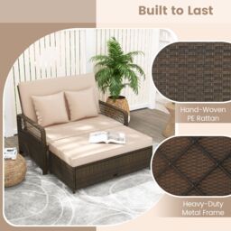 Gymax Patio Rattan Day Bed 2-Piece Wicker Loveseat Sofa With Storage Ottoman in Light Brown - thumbnail 8