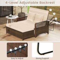 Gymax Patio Rattan Day Bed 2-Piece Wicker Loveseat Sofa With Storage Ottoman in Light Brown - thumbnail 4