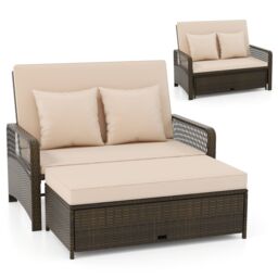 Gymax Patio Rattan Day Bed 2-Piece Wicker Loveseat Sofa With Storage Ottoman in Light Brown - thumbnail 1
