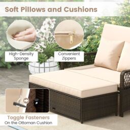 Gymax Patio Rattan Day Bed 2-Piece Wicker Loveseat Sofa With Storage Ottoman in Light Brown - thumbnail 6