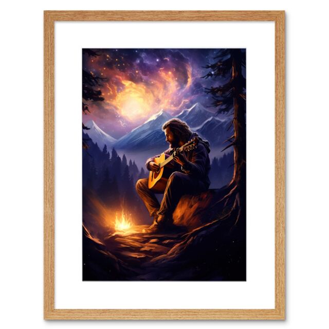 Artery8 Wall Art Print Playing Guitar By A Campfire Oil Painting Purple Orange Storm Brewing in Mountain Forest Landscape Artwork Framed 9X7 Inch - image 1