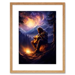 Artery8 Wall Art Print Playing Guitar By A Campfire Oil Painting Purple Orange Storm Brewing in Mountain Forest Landscape Artwork Framed 9X7 Inch - thumbnail 1