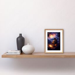 Artery8 Wall Art Print Playing Guitar By A Campfire Oil Painting Purple Orange Storm Brewing in Mountain Forest Landscape Artwork Framed 9X7 Inch - thumbnail 2