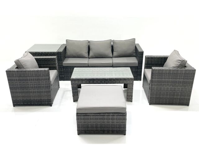 Fimous Rattan Garden Furniture Set Outdoor Lounger Sofa with Coffee Table 2 Armchair Big Footstool Side Table Dark Grey Mixed - image 1