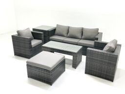 Fimous Rattan Garden Furniture Set Outdoor Lounger Sofa with Coffee Table 2 Armchair Big Footstool Side Table Dark Grey Mixed - thumbnail 2