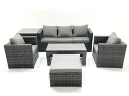Fimous Rattan Garden Furniture Set Outdoor Lounger Sofa with Coffee Table 2 Armchair Big Footstool Side Table Dark Grey Mixed - thumbnail 1