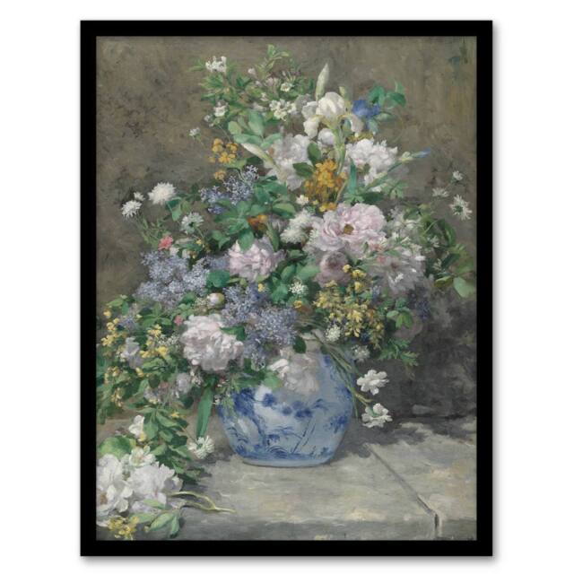 Artery8 Pierre Auguste Renoir Framed Wall Art Print Spring Bouquet in Vase in Grey - Size: A4 - image 1