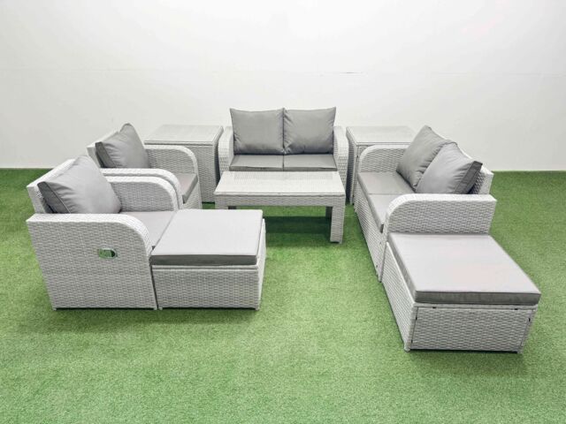 Fimous 8 Seater Outdoor Reclining Chair Love Sofa Set Rattan Garden Furniture Set with Oblong Coffee Table 2 Big FootStools 2 Side Table Light Grey - image 1