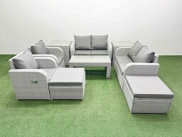 Fimous 8 Seater Outdoor Reclining Chair Love Sofa Set Rattan Garden Furniture Set with Oblong Coffee Table 2 Big FootStools 2 Side Table Light Grey - thumbnail 1