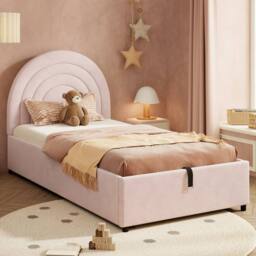BTM 3FT Easy-Assembly Velvet Bed, 90x190cm, with Headboard in Pink - Size: Single - thumbnail 4