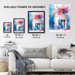 "Artery8 Flowering Bougainvillea Boho Mykonos Watercolour Framed Art Print in Blue - Size: W12"" x H16""" - thumbnail 3