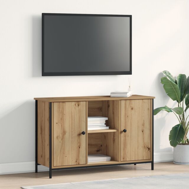 Berkfield Home TV Cabinet Black Oak 101x35x65 cm Engineered Wood & Steel in Brown - Size: 101 x 35 x 65 cm - image 1