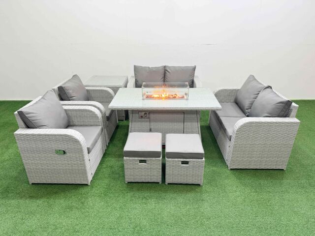 Fimous 8 Seater Outdoor Reclining Chair Love Sofa Set Rattan Garden Furniture Set with Firepit Dining Table 2 Stools Side Table Light Grey - image 1