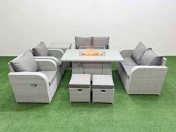 Fimous 8 Seater Outdoor Reclining Chair Love Sofa Set Rattan Garden Furniture Set with Firepit Dining Table 2 Stools Side Table Light Grey - thumbnail 2