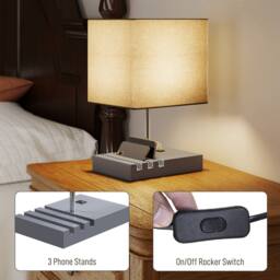 HOMCOM Table Lamp with 3 Slots, Bedside Lamp with Solid Wood Base in Grey - thumbnail 5
