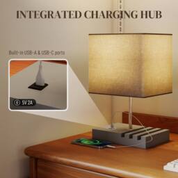 HOMCOM Table Lamp with 3 Slots, Bedside Lamp with Solid Wood Base in Grey - thumbnail 4