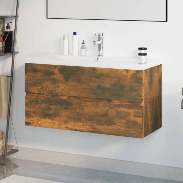 Berkfield Home Sink Cabinet with Built-in Basin Smoked Oak Engineered Wood in Brown - image 1
