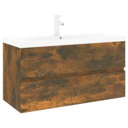 Berkfield Home Sink Cabinet with Built-in Basin Smoked Oak Engineered Wood in Brown - thumbnail 2