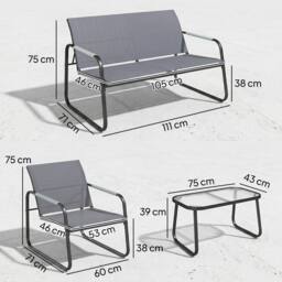 OUTSUNNY Garden Sofa Set with Loveseat, 2 Armchairs, Tempered Glass Table in Grey - thumbnail 3